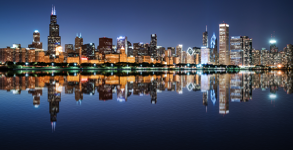 A view of the Chicago skyline from Lake Michigan at night.