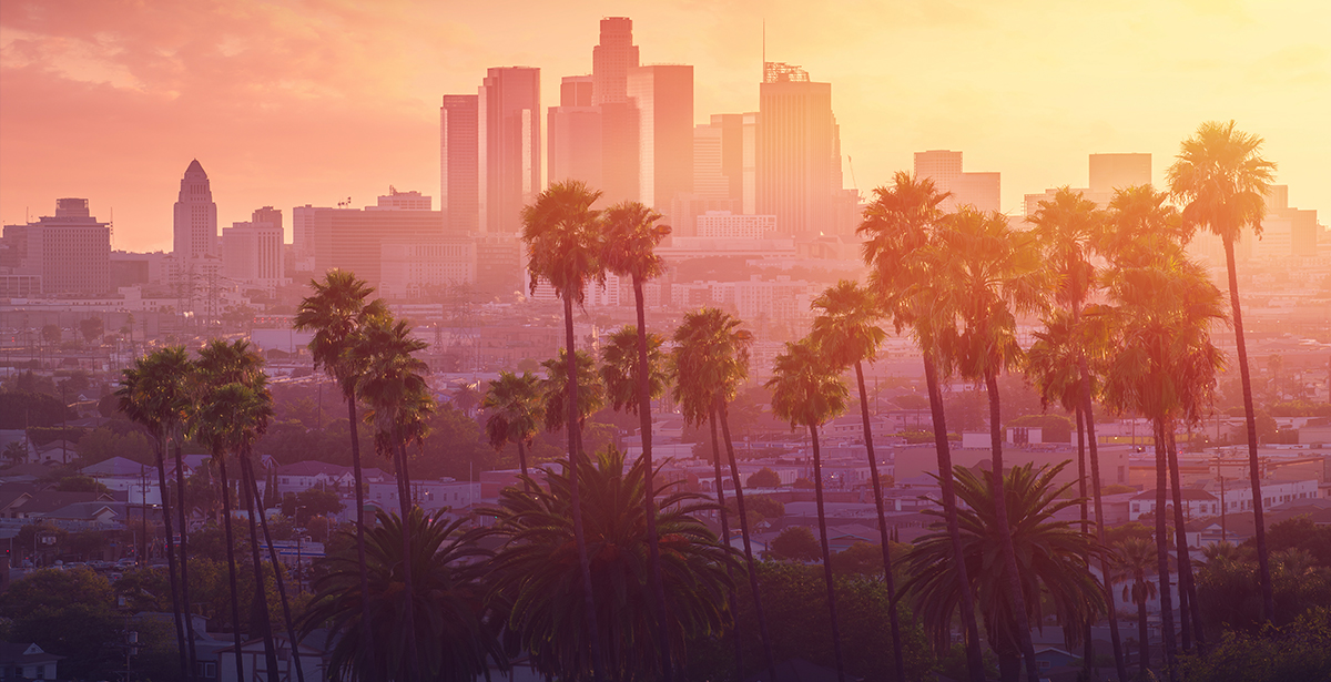 A view of the Los Angeles skyline behind a row of palm trees.