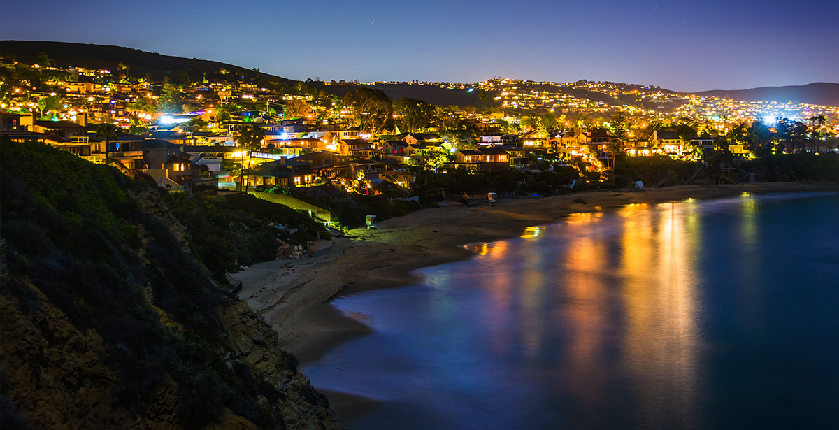 A view of the coast in Orange County at night.