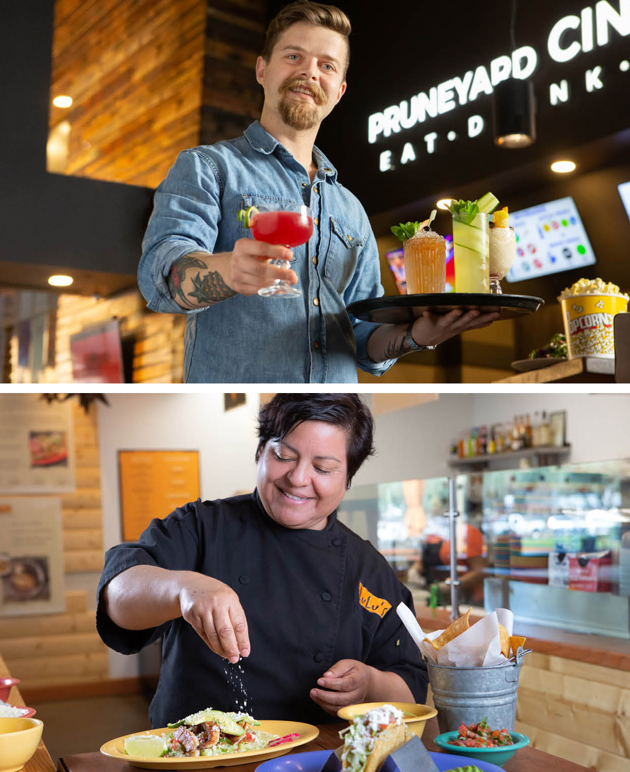 Image of bartender on top with a drink and chef on bottom preparing food.